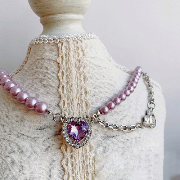 NEW Purple Pearl Heart Pendant Necklace Choker - Picture 1 of 5